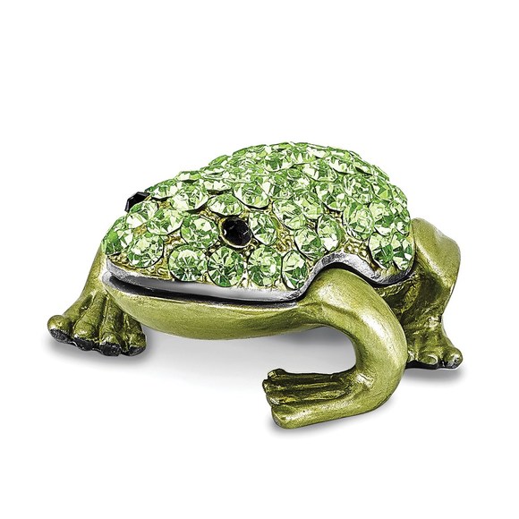 Pewter Bejeweled Crystals HOPPER Small Green Frog Trinket Box with Pendant - Picture 2 of 9